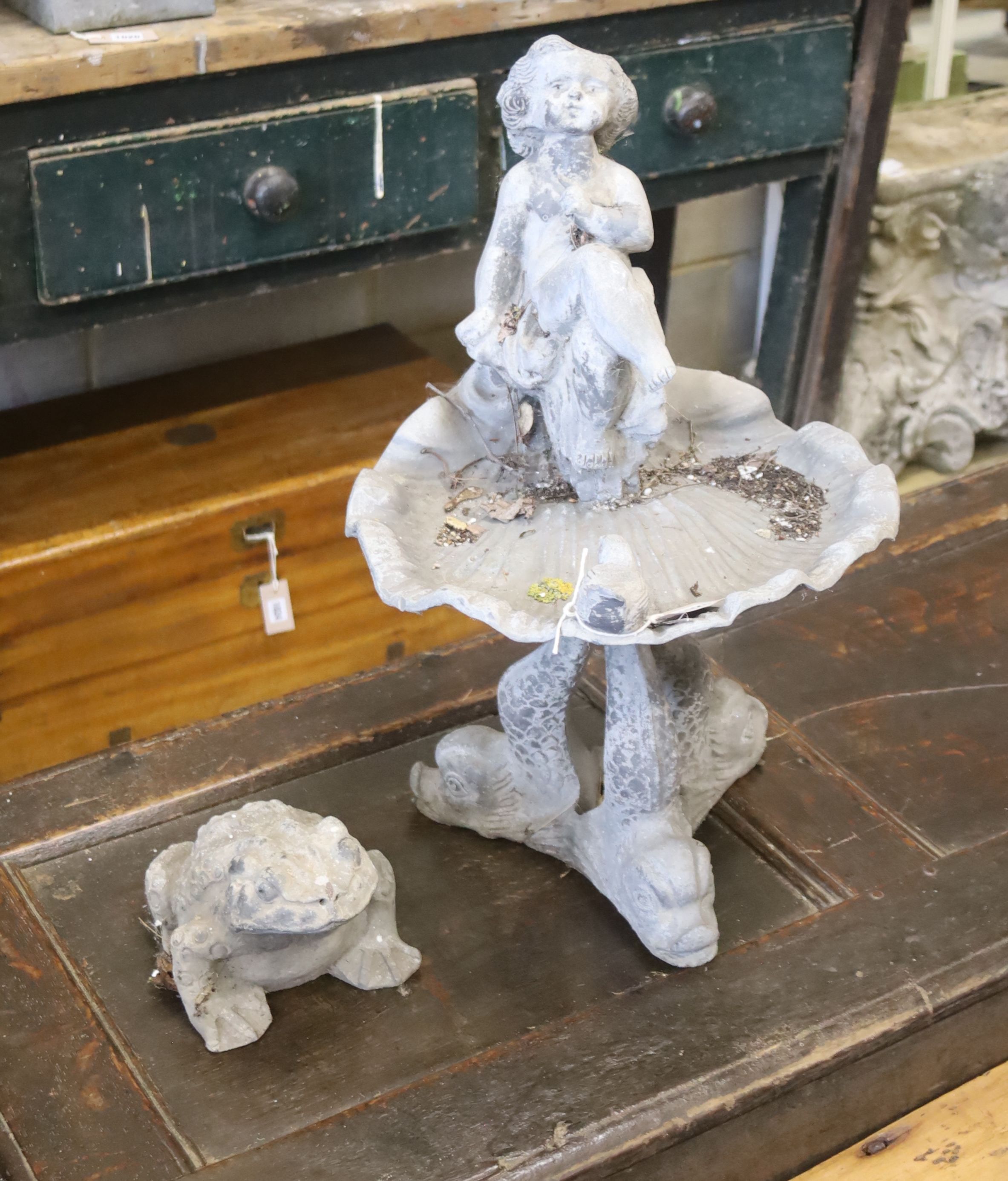A cast lead scallop shell and figural bird bath, height 60cm, together with a cast lead frog garden ornament